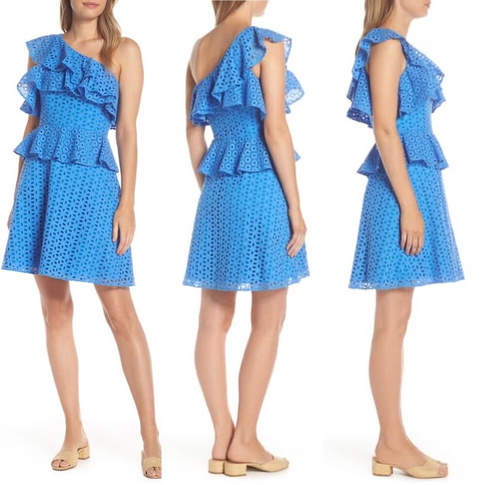 Lilly Pulitzer Josey One Shoulder Dress Coastal Blue Flower Eyelet Ruffles